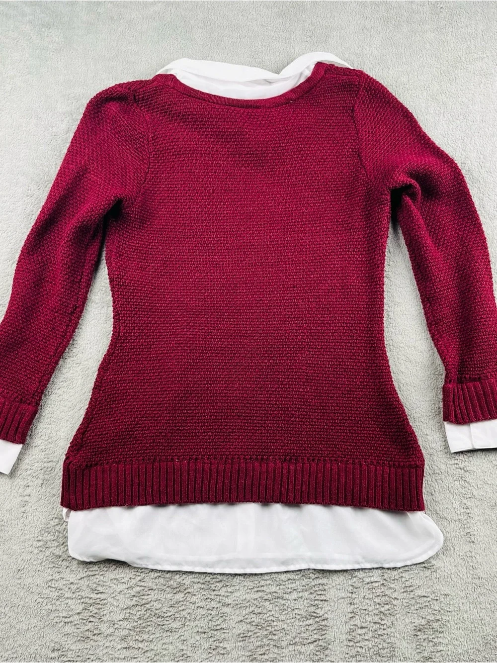 AB Studio Burgundy Crewneck Sweater with White Shirt Hem